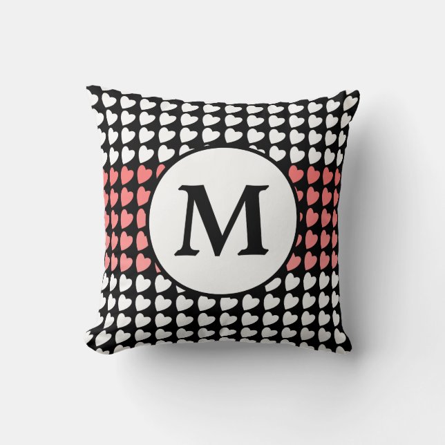 Schwarz-weißes rosa Herzmuster Monogramm Kissen (Vorderseite)