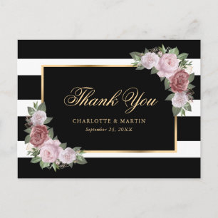 Schwarz-weißes Rosa Rosa Floral Vielen Dank Postkarte
