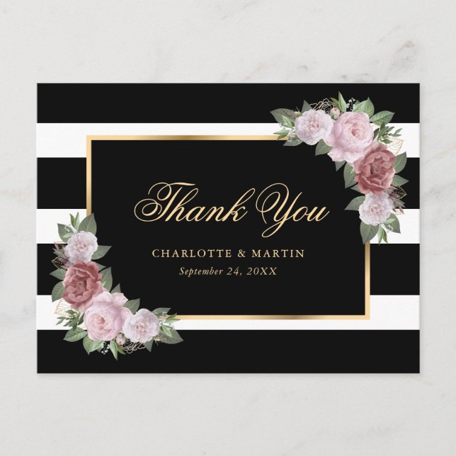 Schwarz-weißes Rosa Rosa Floral Vielen Dank Postkarte (Vorderseite)