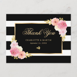 Schwarz-weißes Rosa Rosa Floral Vielen Dank Postkarte