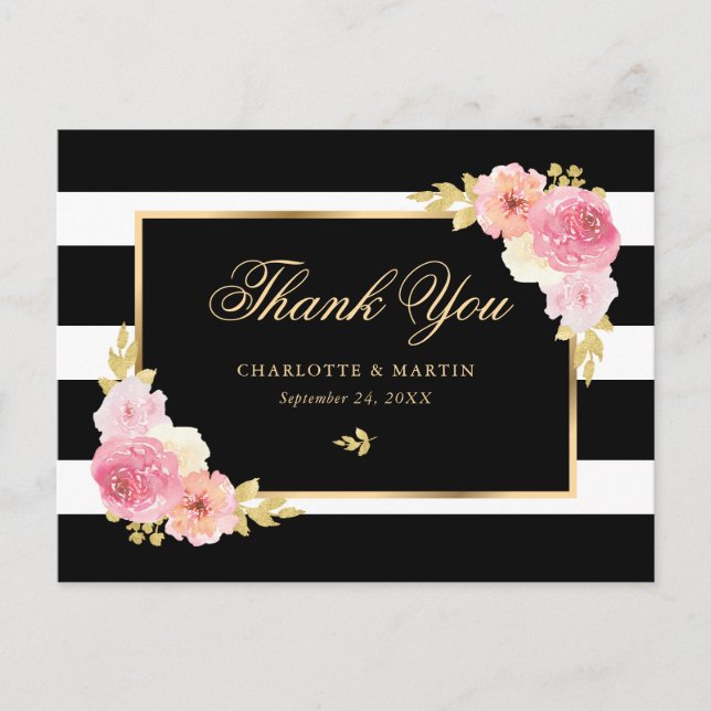 Schwarz-weißes Rosa Rosa Floral Vielen Dank Postkarte (Vorderseite)