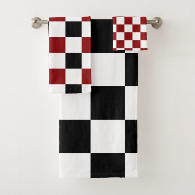 Schwarz-weißes rotes Schachbrett Badhandtuch Set (Insitu)
