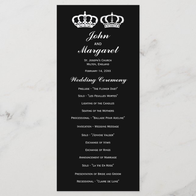 Schwarz-weißes Royal Couple Wedding Programm (Vorderseite)