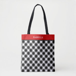 Schwarz-weißes Schachmuster und rotes Band Tasche