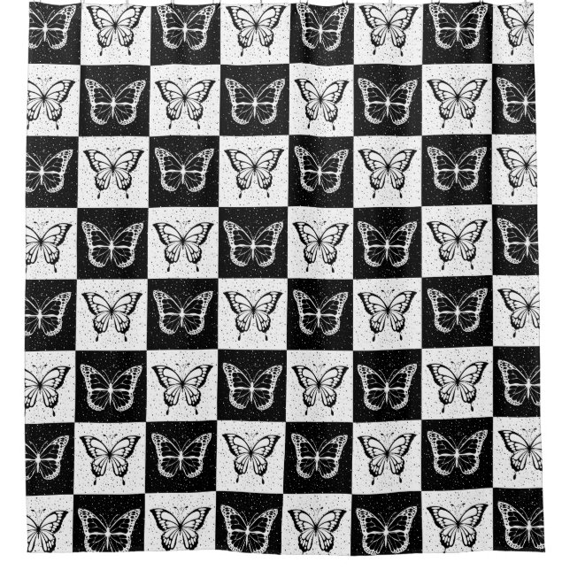 Schwarz-weißes Schmetterlingsdesign Duschvorhang (Vorderseite)
