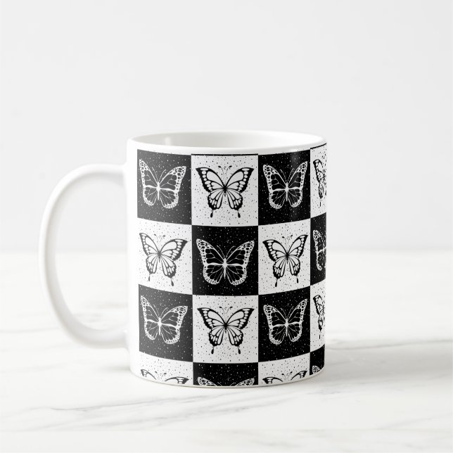 Schwarz-weißes Schmetterlingsdesign Kaffeetasse (Links)