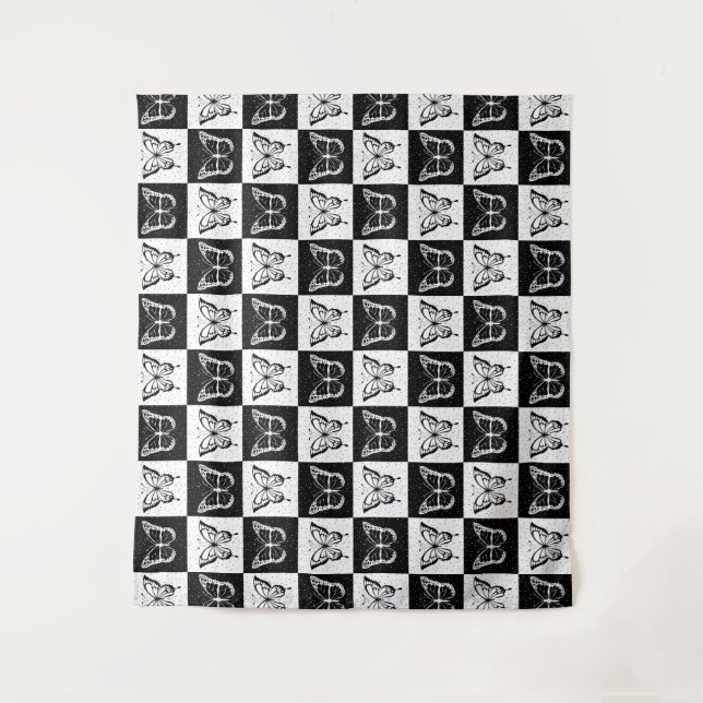 Schwarz-weißes Schmetterlingsdesign Wandteppich (Vorderseite)