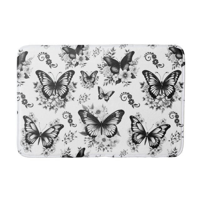 Schwarz-weißes Schmetterlingsmuster Badematte (Vorderseite)