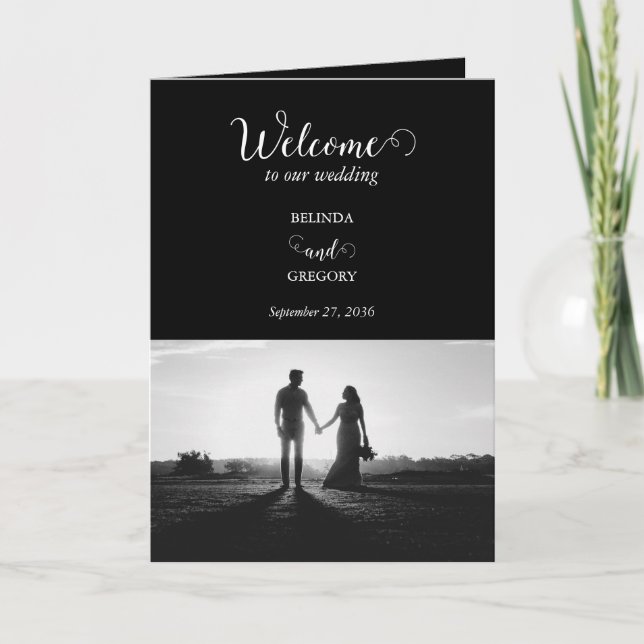 Schwarz-weißes Script Foto Hochzeitsorden Programm (Vorderseite)