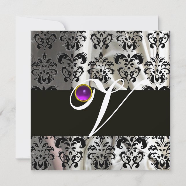 SCHWARZ-WEISSES SILK-DAMASK-MONOGRAMM LILA AMETHYS EINLADUNG (Vorderseite)