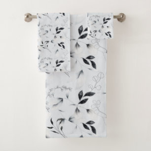 Schwarz-weißes Silver Gray Floral Blätter Chic Badhandtuch Set