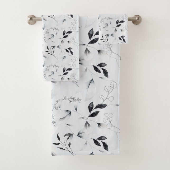 Schwarz-weißes Silver Gray Floral Blätter Chic Badhandtuch Set (Insitu)