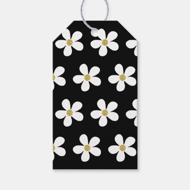 Schwarz-weißes Simple Daisy Gold-Muster Geschenkanhänger (Vorderseite)
