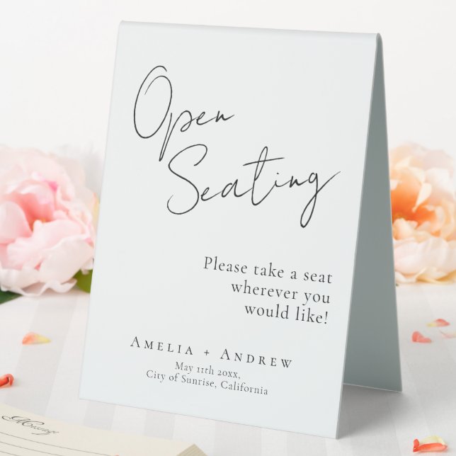 Schwarz-weißes Skript Elegante Hochzeit Open Seati Tischaufsteller (In Situ (Hochzeit))
