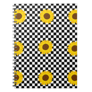 Schwarz-weißes Sonnenblumen-Karo-Blumenmuster Notizblock
