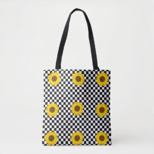 Schwarz-weißes Sonnenblumen-Karo-Blumenmuster Tasche