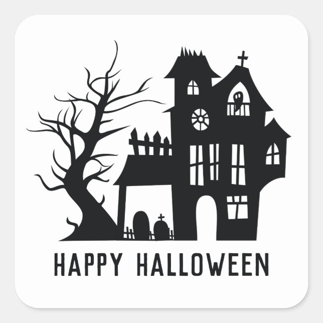 Schwarz-weißes Spuk Haus. Happy Halloween Quadratischer Aufkleber (Vorderseite)