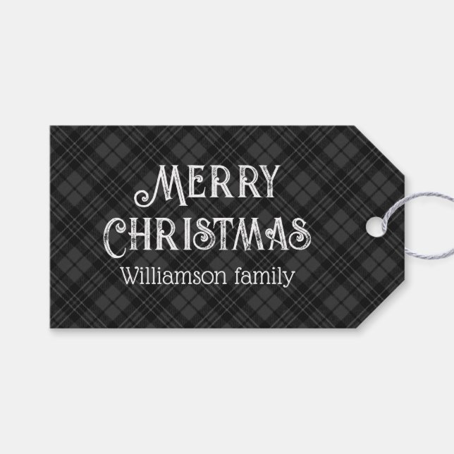 Schwarz-weißes Tartan kariertes Weihnachtsmuster Geschenkanhänger (Vorderseite (Horizontal))