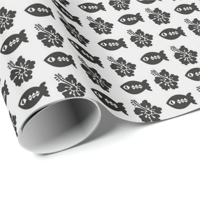 Schwarz-weißes Tiki-Fisch- und Blumenmuster Geschenkpapier (Rolleneckpunkt)