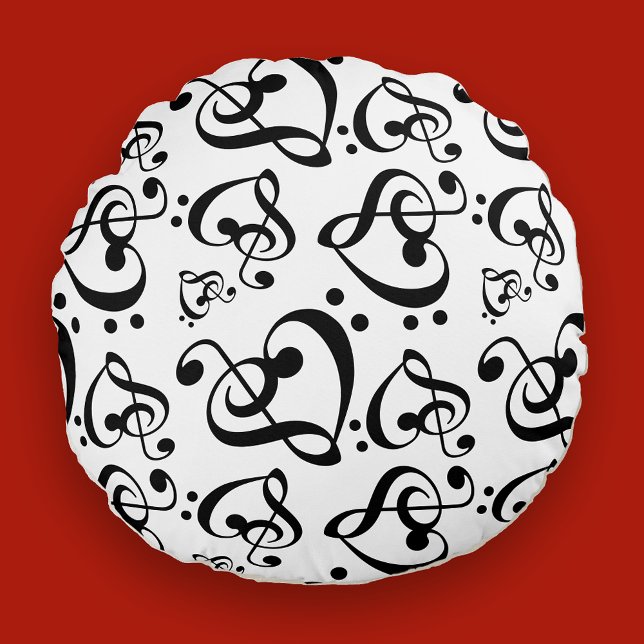 Schwarz-weißes Treble Clef Herz Musiknotens Muster Rundes Kissen (Von Creator hochgeladen)