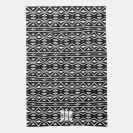 Schwarz-weißes Tribe-Muster: Monogramm-Küchendekor Handtuch