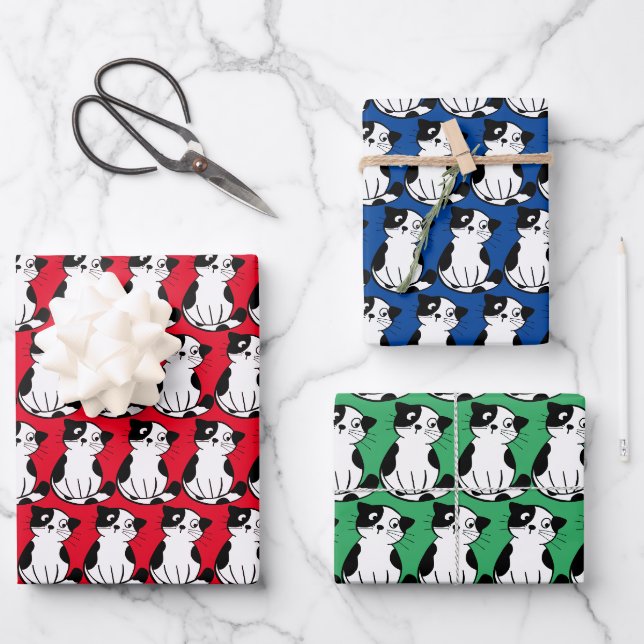 Schwarz-weißes Tuxedo Kitty Design Packpapier Geschenkpapier Set (Vorderseite)