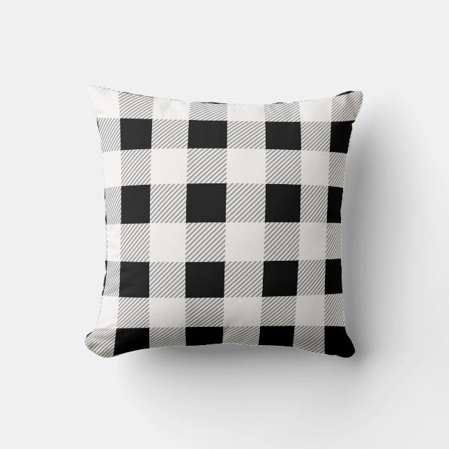 Schwarz-weißes und graues Tartan-Muster Kissen (Vorderseite)