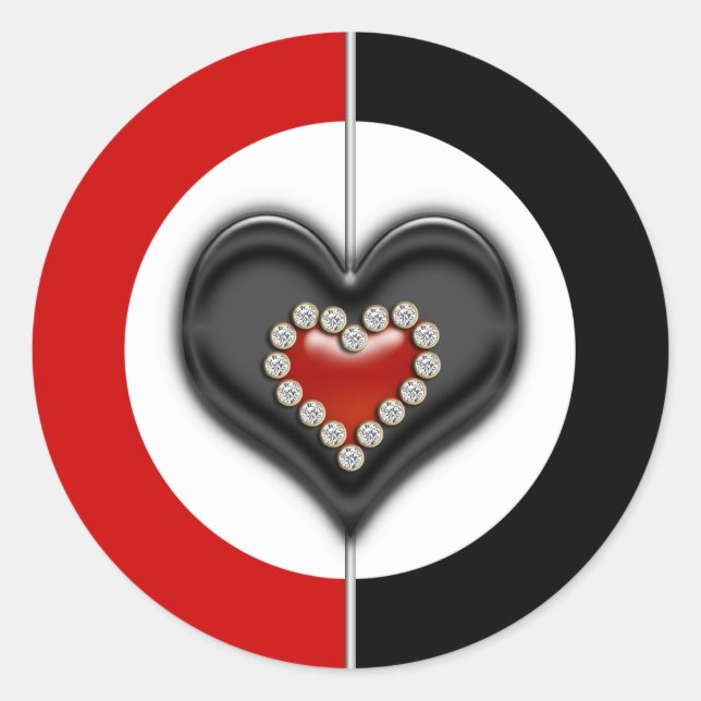 Schwarz-weißes Valentinherz Runder Aufkleber (Vorderseite)