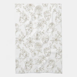 Schwarz-weißes vintage Blumen-Gesichtslinien-Muste Geschirrtuch