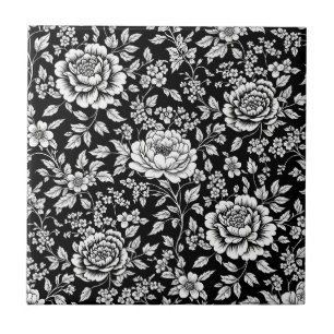 Schwarz-weißes vintage-blumen nahtloses Muster (5) Fliese