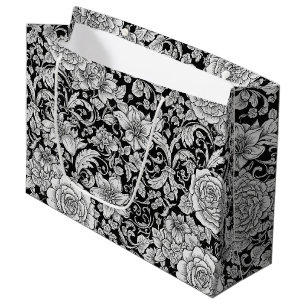 Schwarz-weißes vintage-blumen nahtloses Muster (6) Große Geschenktüte