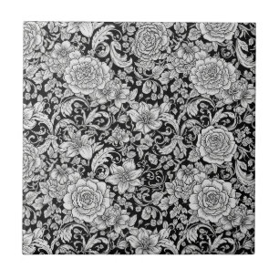 Schwarz-weißes vintage Blumenmuster nahtlos (6) Fliese