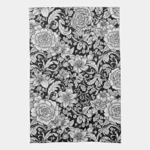Schwarz-weißes vintage-blumiges nahtloses Muster ( Geschirrtuch