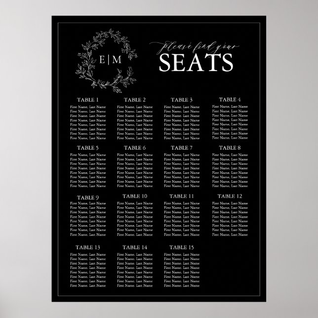 Schwarz-weißes Wappen Monogram Hochzeitssitze Poster (Vorne)