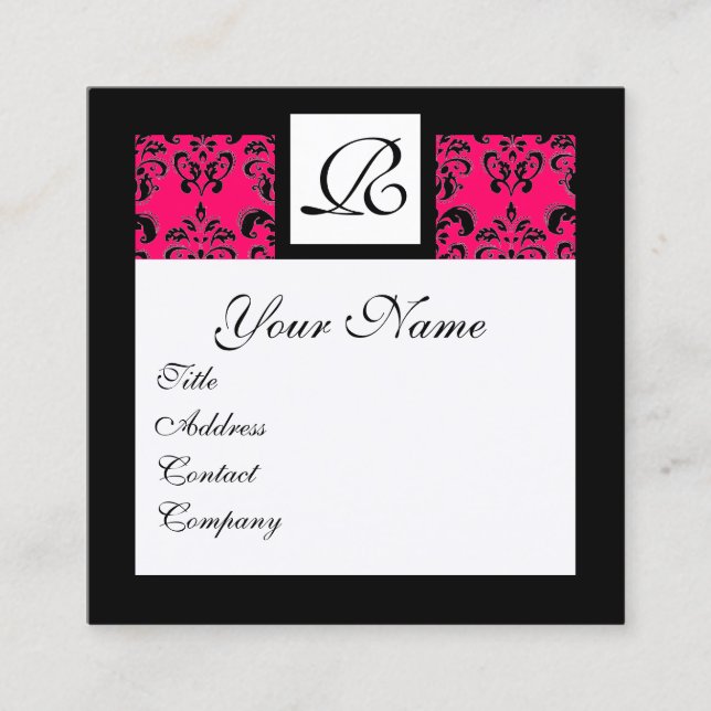 SCHWARZ-WEISSES WARNPINK-DAMASK-SQUARE-MONOGRAMM QUADRATISCHE VISITENKARTE (Vorderseite)