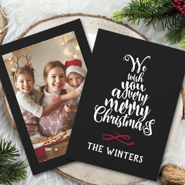 Schwarz-weißes Weihnachtsbaum Lettern Foto Feiertagskarte (Von Creator hochgeladen)