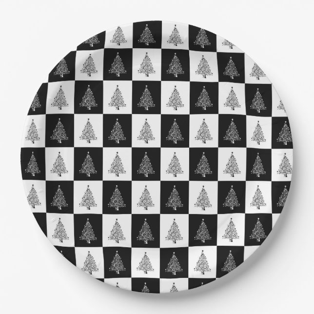 Schwarz-weißes Weihnachtsbaum-Muster elegant Pappteller (Vorderseite)