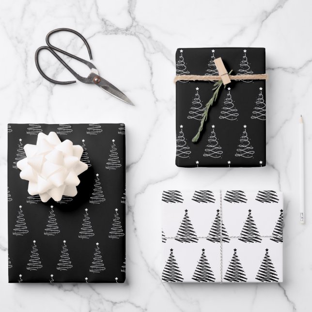 Schwarz-weißes Weihnachtsbaummuster Elegant Einfac Geschenkpapier Set (Vorderseite)