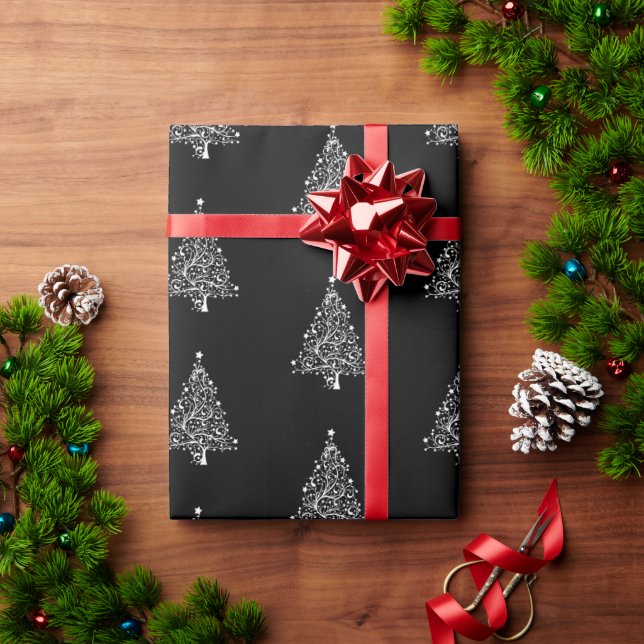 Schwarz-weißes Weihnachtsbaummuster Geschenkpapier (Feiertagsgeschenk)