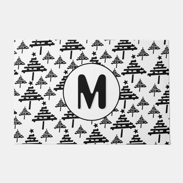 Schwarz-weißes Weihnachtsbaummuster Monogramm Fußmatte (Vorderseite)