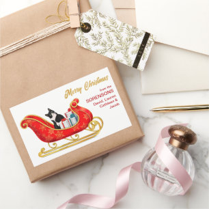 Schwarz-weißes Weihnachtsgeschenk für Katzen Sleig Rechteckiger Aufkleber