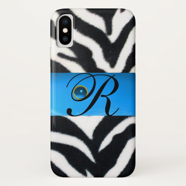 SCHWARZ-WEISSES ZEBRA FUR AQUA BLUE GEM MONOGRAM, Case-Mate iPhone HÜLLE (Rückseite)