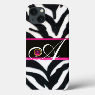 SCHWARZ-WEISSES ZEBRA FUR FUCHSIA PINK GEM MONOGRA iPhone 13 HÜLLE