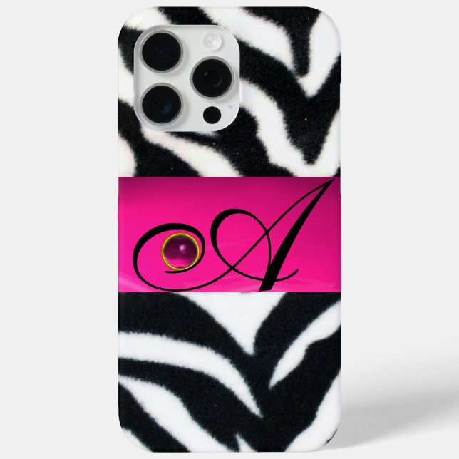 SCHWARZ-WEISSES ZEBRA FUR FUCHSIA PINK GEM MONOGRA iPhone 15 PRO MAX HÜLLE (Rückseite)