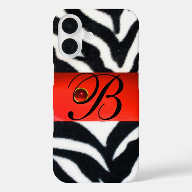 SCHWARZ-WEISSES ZEBRA FUR RED GEM MONOGRAM, iPhone 16 HÜLLE (Rückseite)