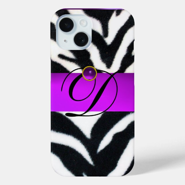 SCHWARZ-WEISSES ZEBRA FUR VIOLET LILA GEM MONOGRAM Case-Mate iPhone HÜLLE (Rückseite)