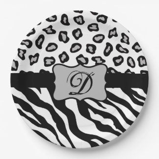 Schwarz-weißes Zebra Leopard-Monogramm Pappteller