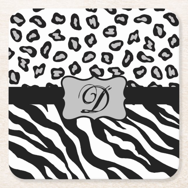 Schwarz-weißes Zebra Leopard-Monogramm Rechteckiger Pappuntersetzer (Vorderseite)