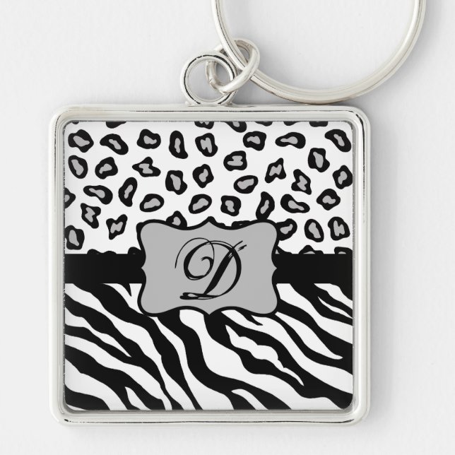 Schwarz-weißes Zebra Leopard-Monogramm Schlüsselanhänger (Vorne)