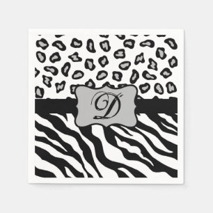 Schwarz-weißes Zebra Leopard-Monogramm Serviette